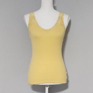 Vintage Y2K Yellow Ribbed Tank With Lace Detail And Straps Womens Size Medium